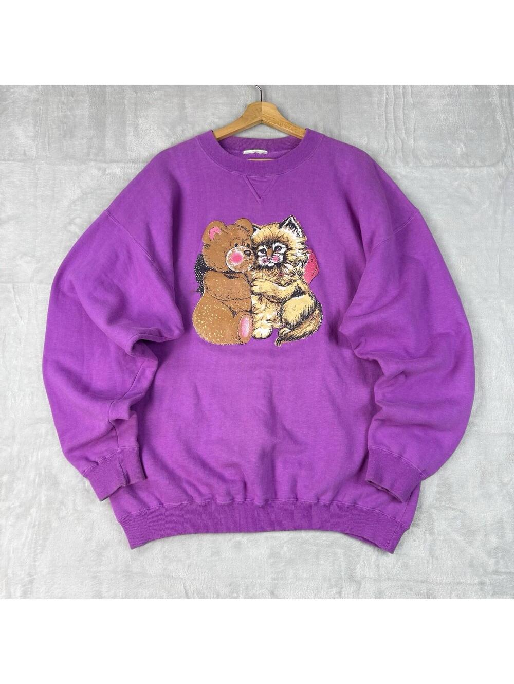 Vintage Teddy Bear Cat Graphic Sweatshirt 1980s Purple Crewneck Cute Wmns Sz L - Picture 2 of 9